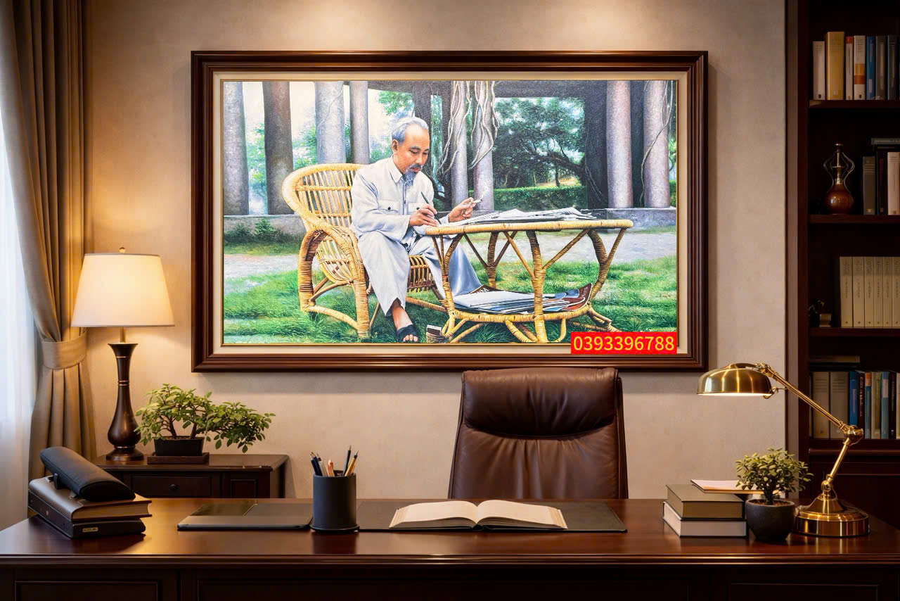 TRANH SƠN DẦU BÁC HỒ NGỒI LÀM VIỆC