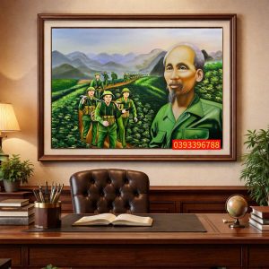 TRANH SƠN DẦU BÁC HỒ CÙNG CHÚNG CHÁU HÀNH QUÂN