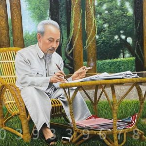 Alternative view of TRANH BÁC HỒ - TRANH SƠN DẦU BÁC HỒ NGỒI GHẾ MÂY