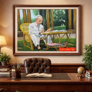 TRANH BÁC HỒ - TRANH SƠN DẦU BÁC HỒ NGỒI GHẾ MÂY