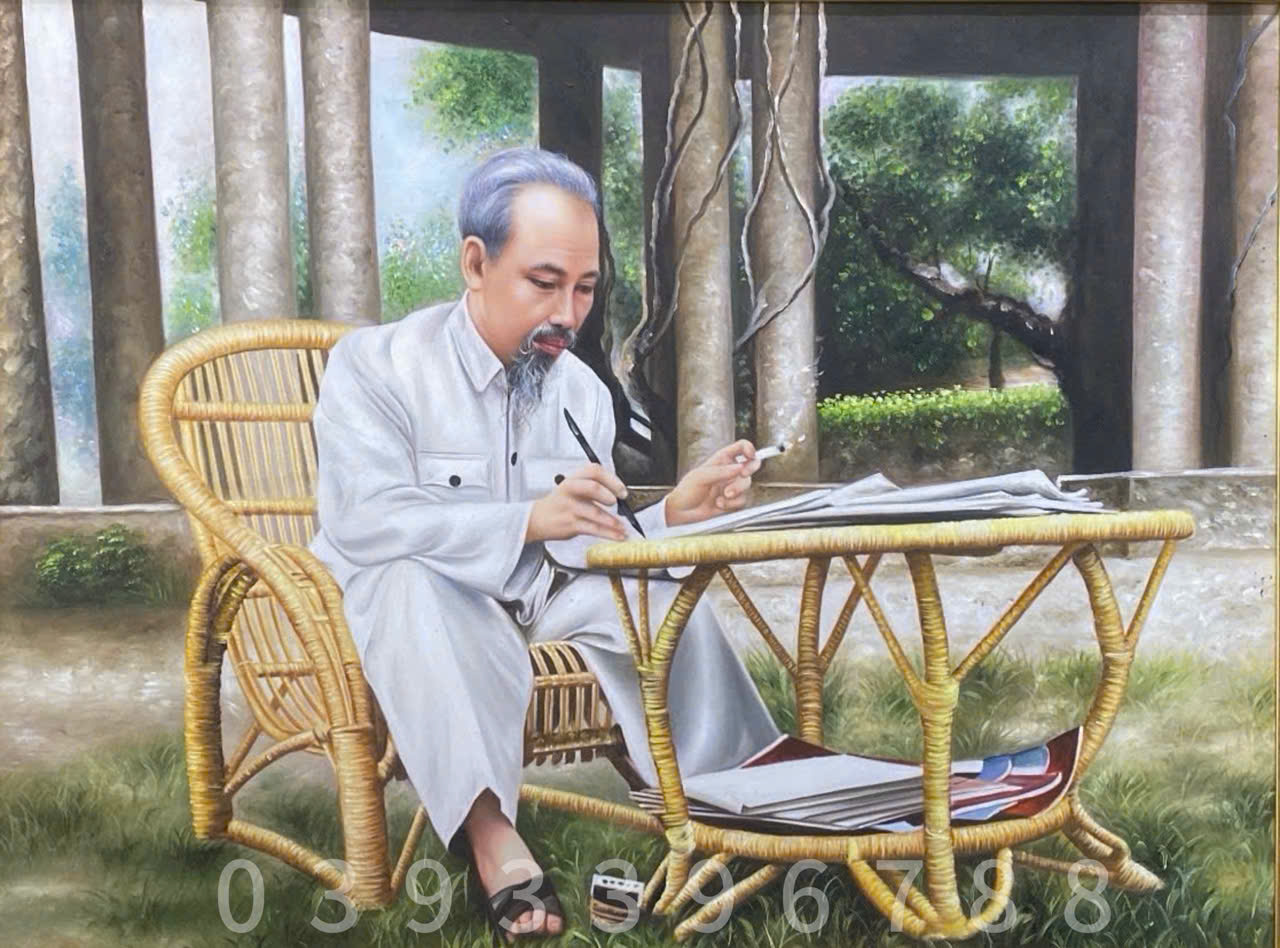 TRANH BÁC HỒ - TRANH SƠN DẦU BÁC HỒ NGỒI LÀM VIỆC - Ảnh 2