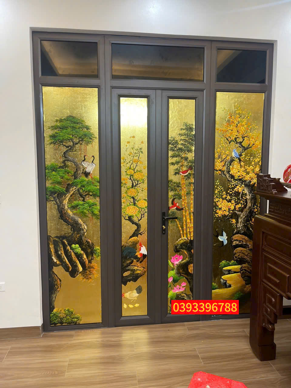 TRANH SƠN DẦU DÁT VÀNG TỨ QUÝ TÙNG TRÚC CÚC MAI